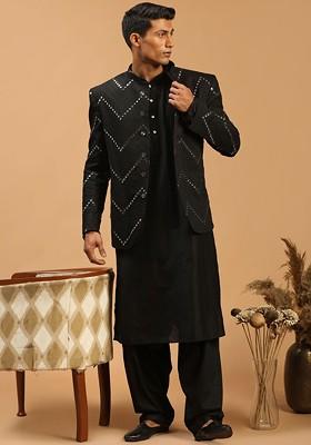 Black Mirror Work Poly Blend Kurta Set For Men