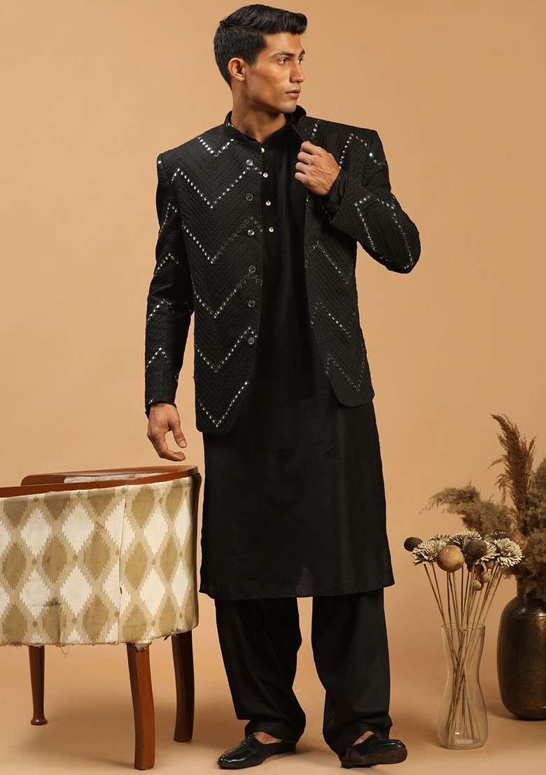 Black Mirror Work Poly Blend Kurta Set For Men - Indya