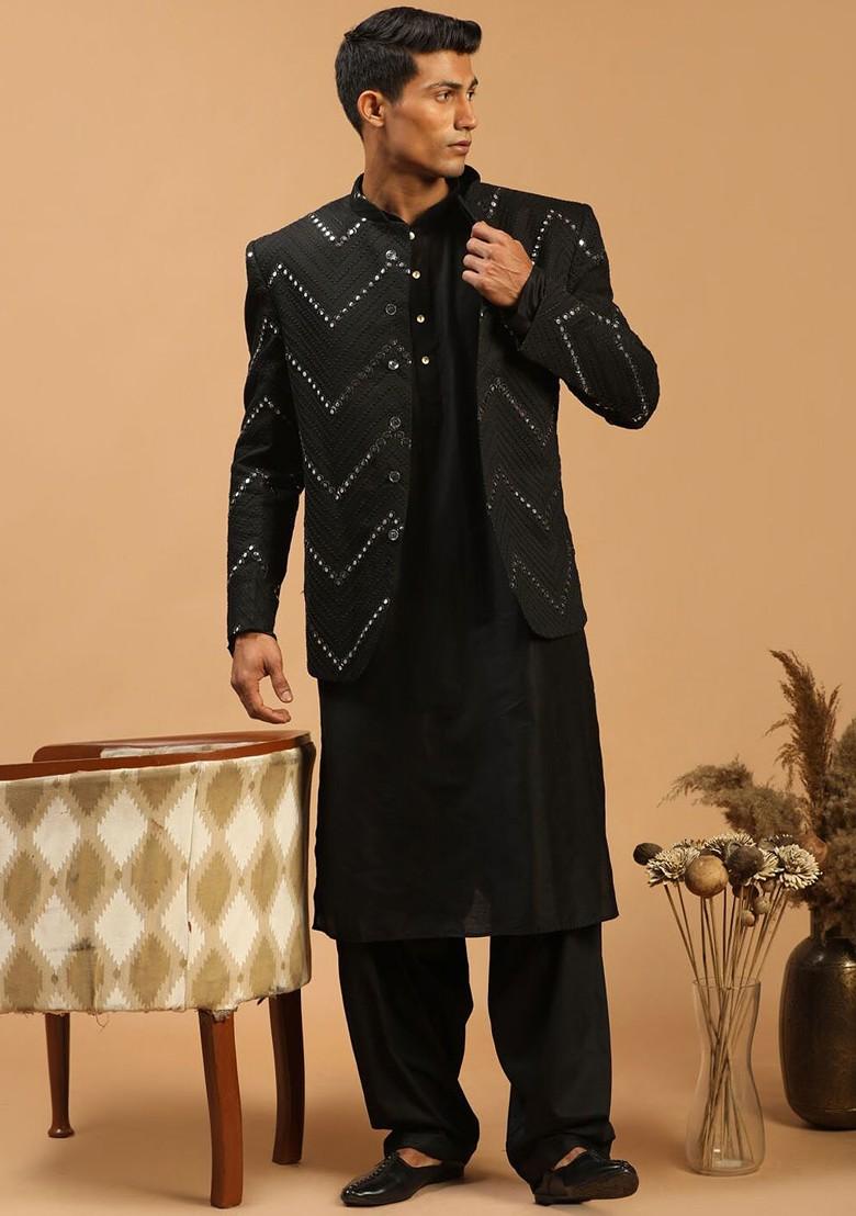 Black Mirror Work Poly Blend Kurta Set For Men