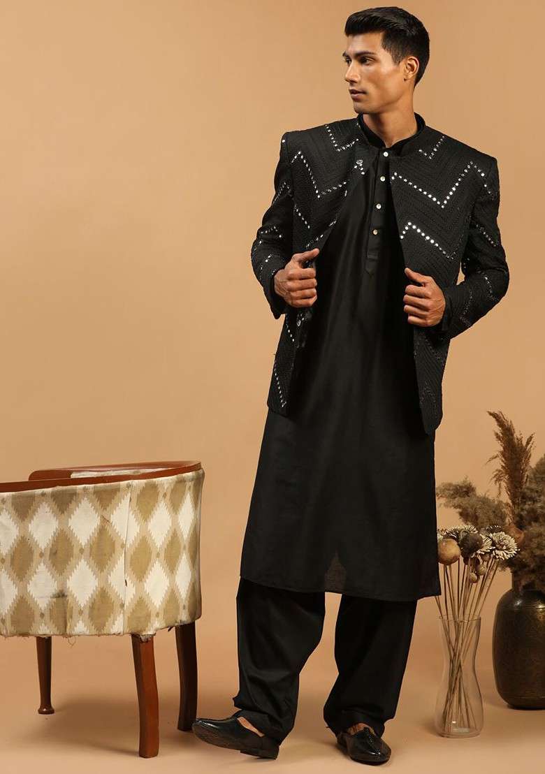 Black Mirror Work Poly Blend Kurta Set For Men - Indya