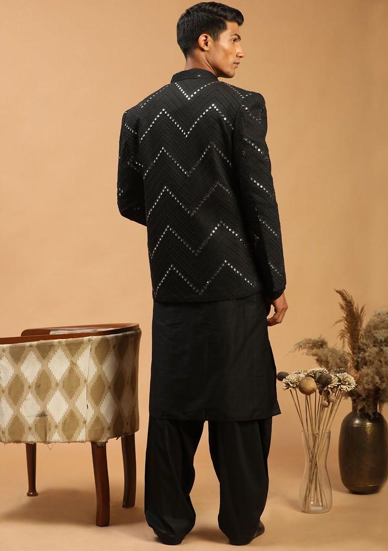 Black Mirror Work Poly Blend Kurta Set For Men