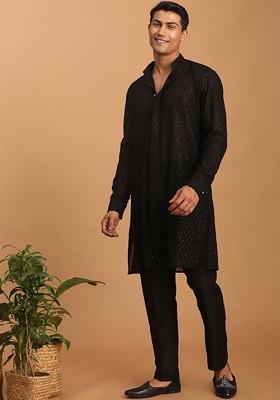 Black Sequin Work Georgette Kurta Set For Men