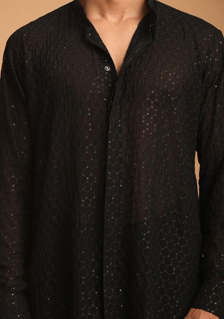 Black Sequin Work Georgette Kurta Set For Men