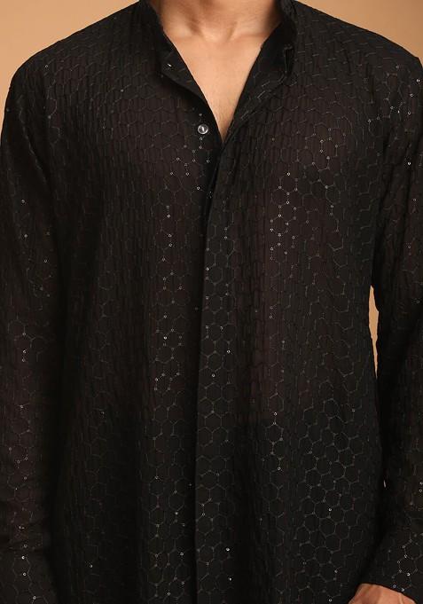 Black Sequin Work Georgette Kurta Set For Men