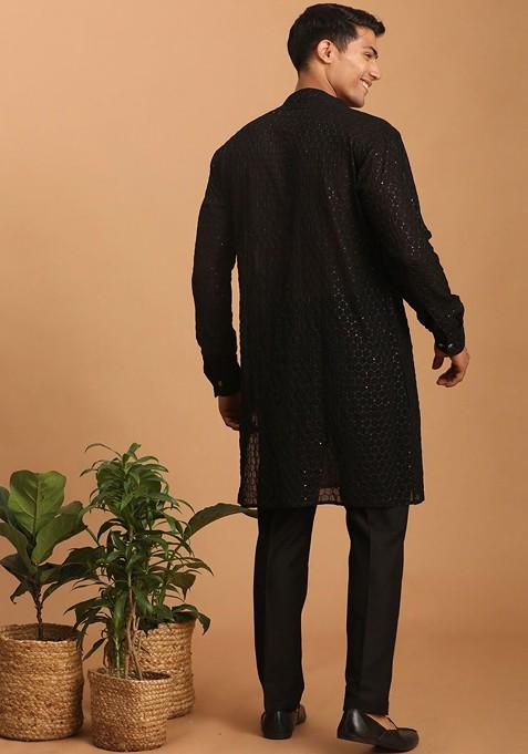 Black Sequin Work Georgette Kurta Set For Men