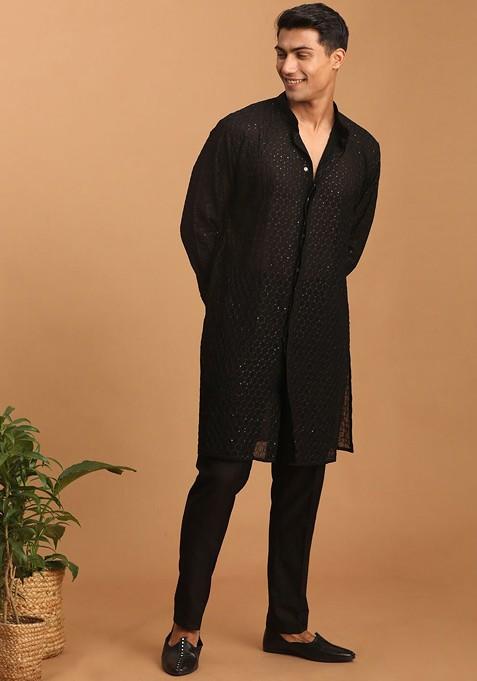 Black Sequin Work Georgette Kurta Set For Men