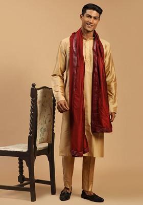 Rose Gold Mirror Work Poly Blend Kurta Set For Men