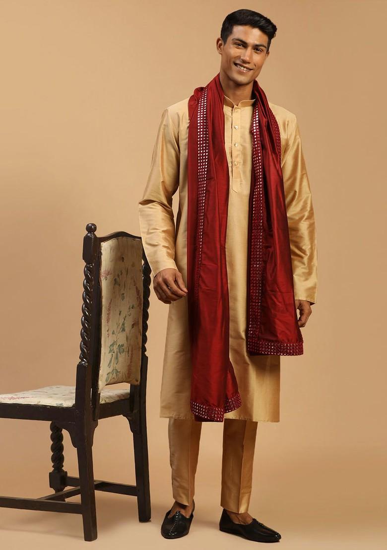 Rose Gold Mirror Work Poly Blend Kurta Set For Men