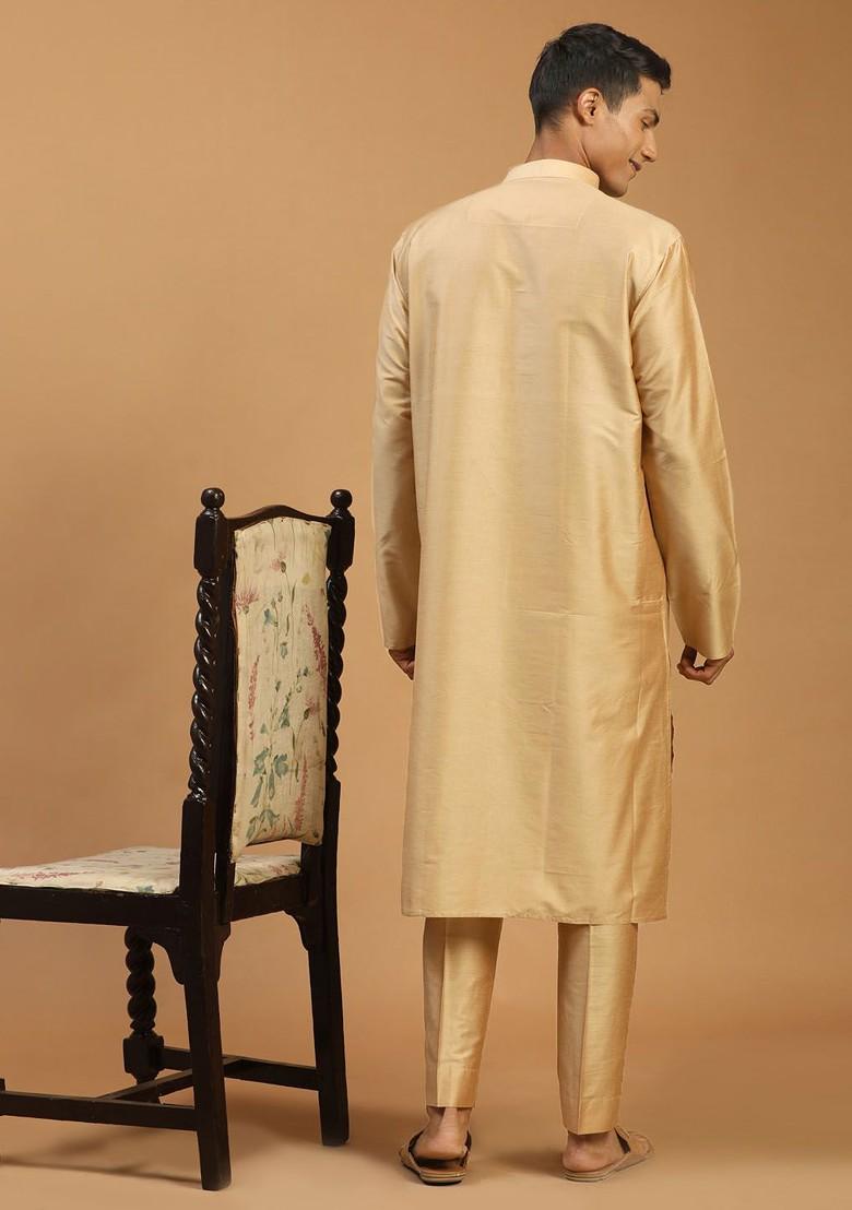 Rose Gold Mirror Work Poly Blend Kurta Set For Men