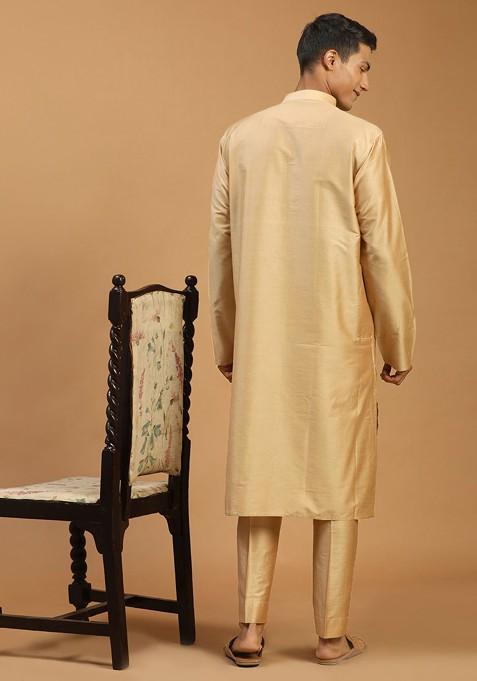 Rose Gold Mirror Work Poly Blend Kurta Set For Men
