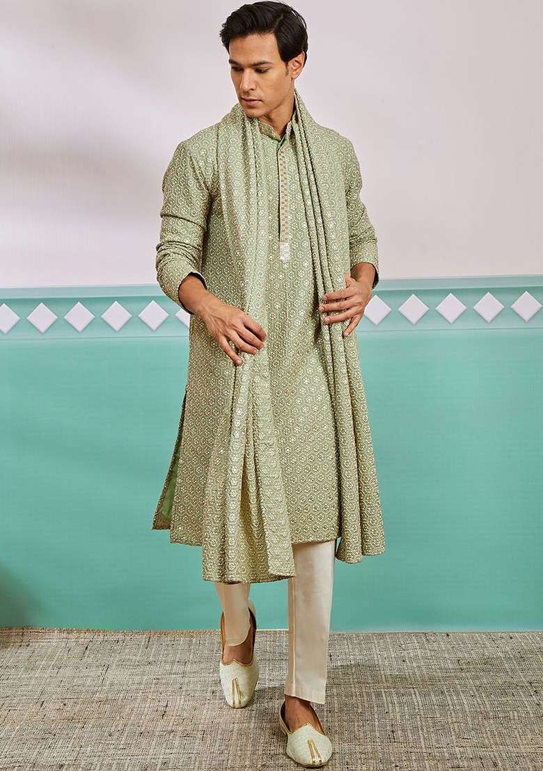 Green Ethnic Motifs Poly Blend Kurta Set For Men - Indya