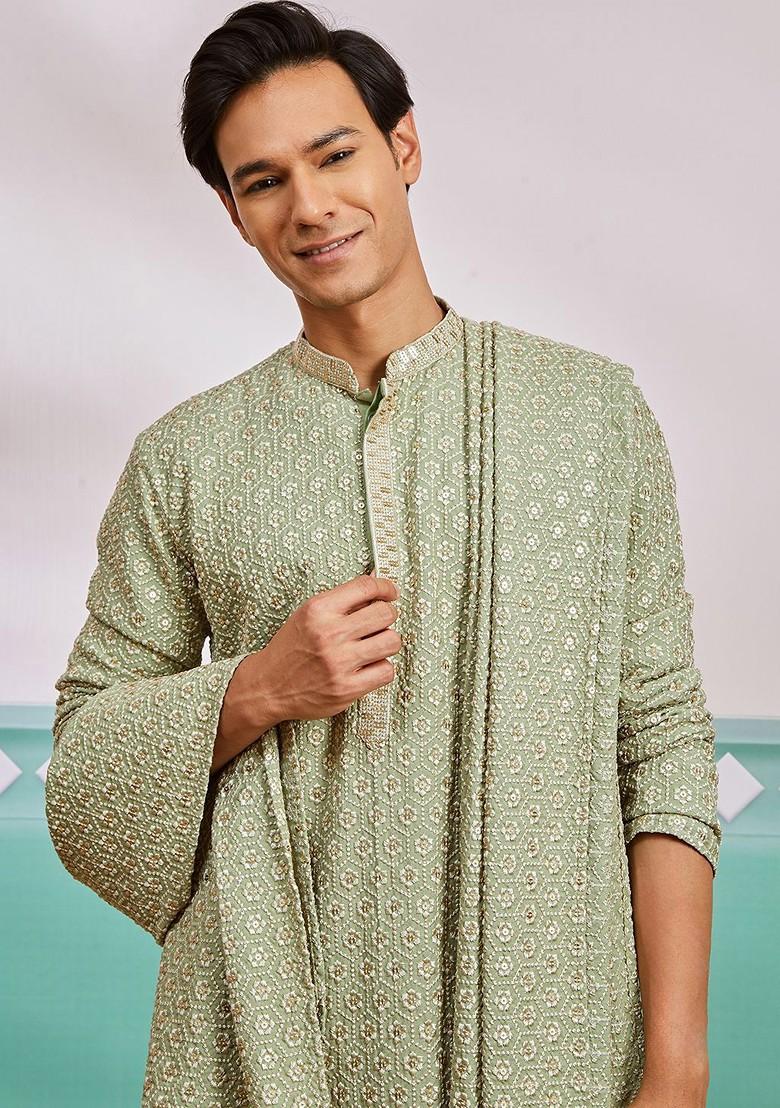 Green Ethnic Motifs Poly Blend Kurta Set For Men