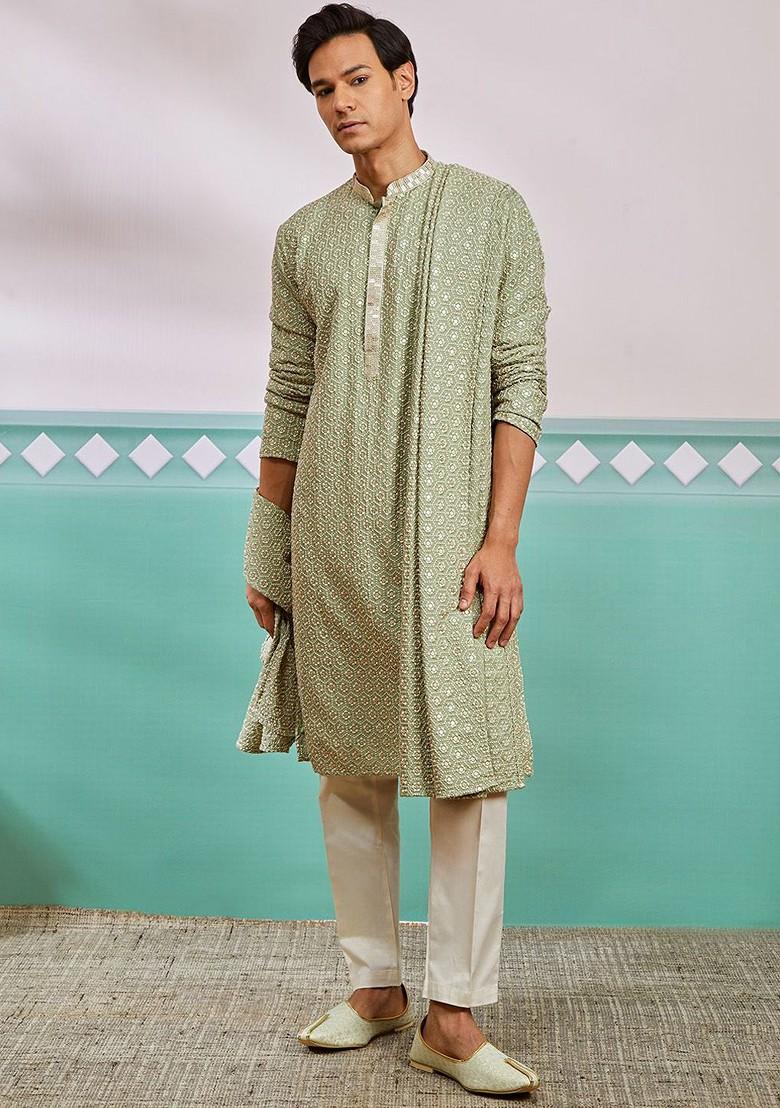 Green Ethnic Motifs Poly Blend Kurta Set For Men