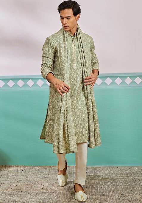 Green Ethnic Motifs Poly Blend Kurta Set For Men