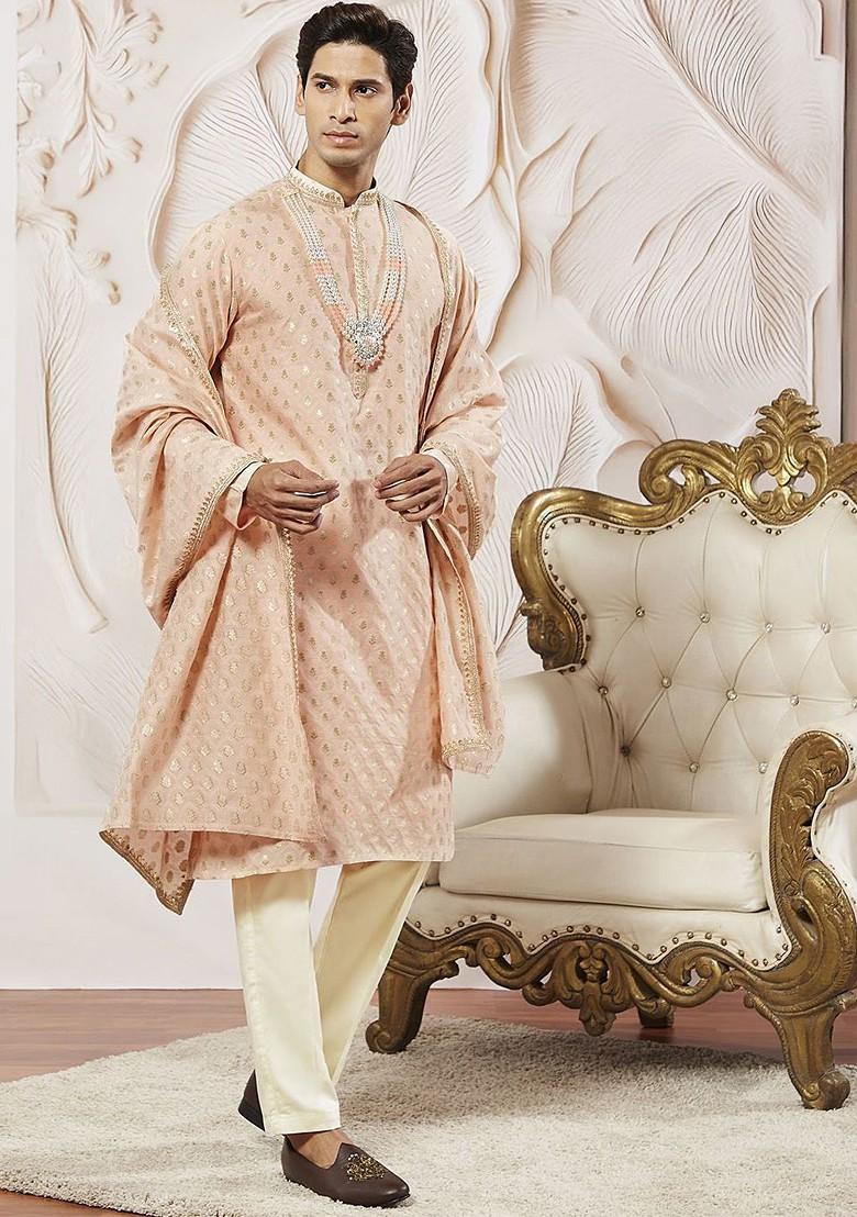 Peach Ethnic Motifs Poly Blend Kurta Set For Men