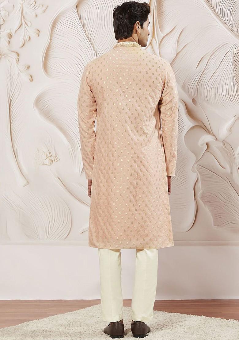 Peach Ethnic Motifs Poly Blend Kurta Set For Men