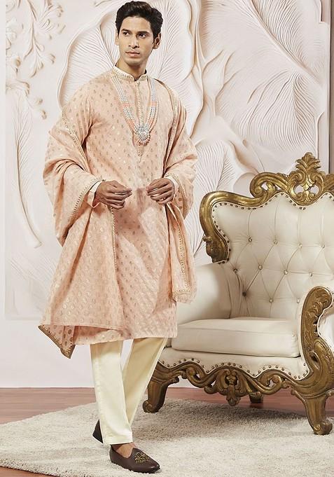 Peach Ethnic Motifs Poly Blend Kurta Set For Men