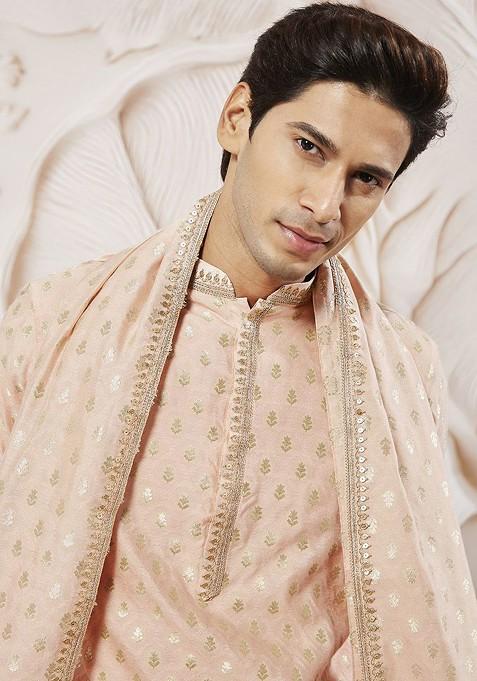 Peach Ethnic Motifs Poly Blend Kurta Set For Men