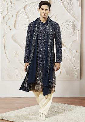 Navy Blue Embroidered Poly Blend Kurta Set For Men