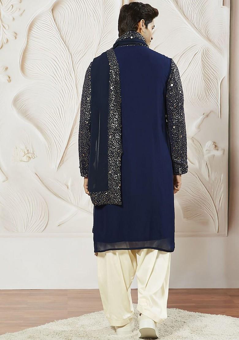 Navy Blue Embroidered Poly Blend Kurta Set For Men