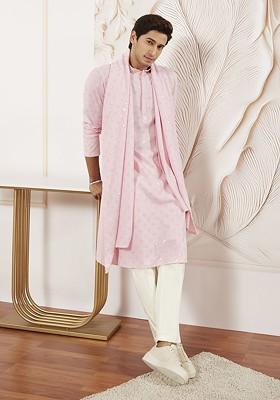 Pink Floral Print Poly Blend Kurta Set For Men