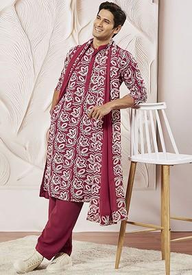 Maroon Floral Print Poly Blend Kurta Set For Men
