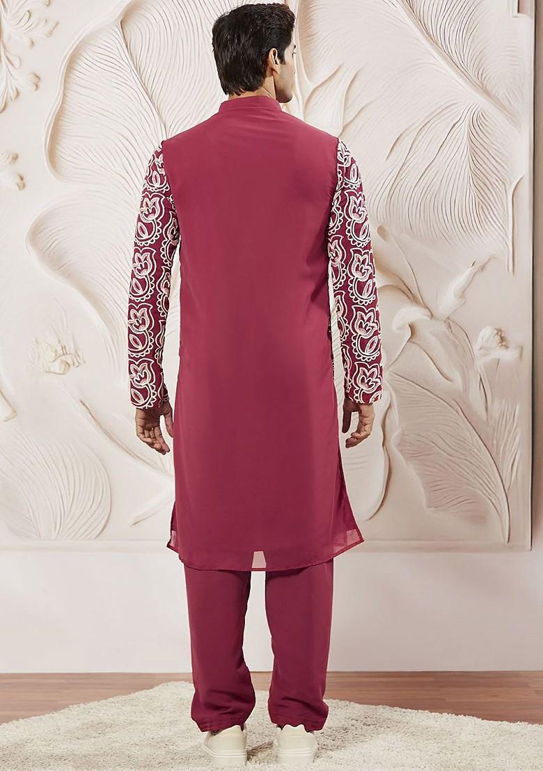 Maroon Floral Print Poly Blend Kurta Set For Men