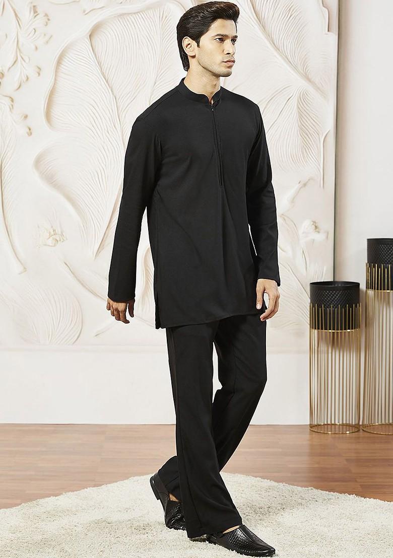 Black Solid Cotton Kurta Set For Men