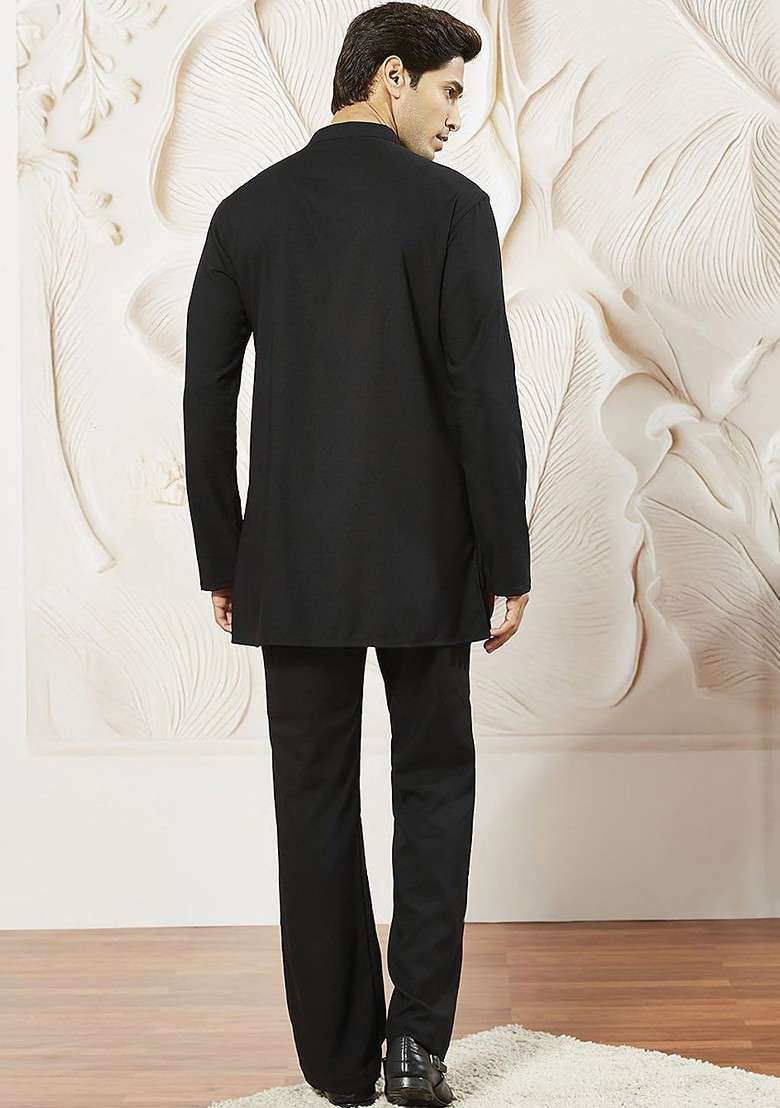 Black Solid Cotton Kurta Set For Men - Indya