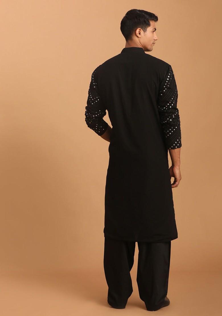 Black Embroidered Poly Blend Kurta Set For Men