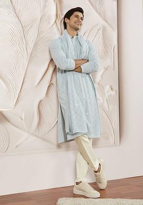 Blue Embroidered Poly Blend Kurta Set For Men