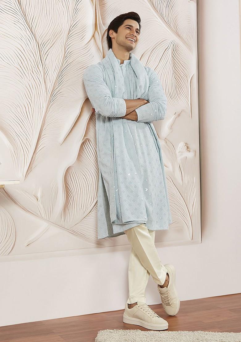 Blue Embroidered Poly Blend Kurta Set For Men