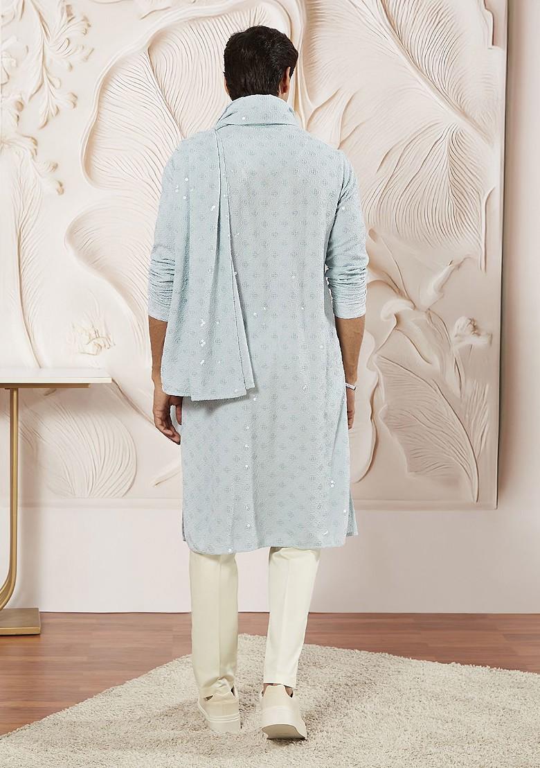 Blue Embroidered Poly Blend Kurta Set For Men