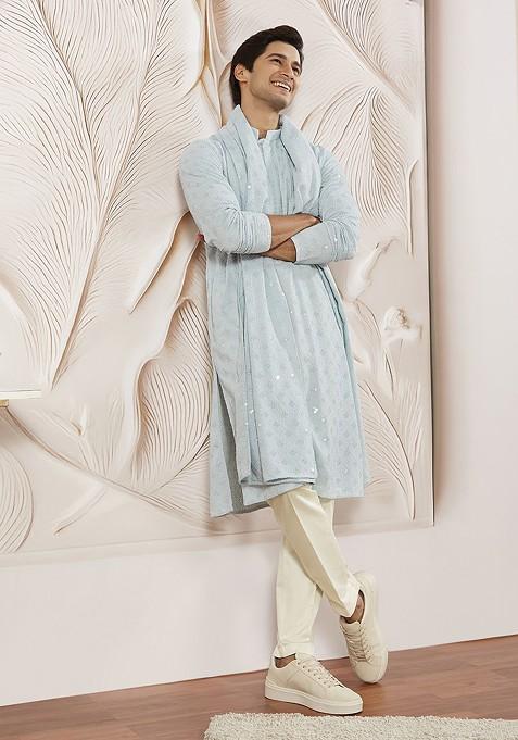 Blue Embroidered Poly Blend Kurta Set For Men
