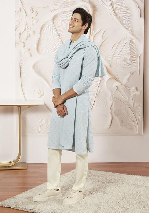 Blue Embroidered Poly Blend Kurta Set For Men
