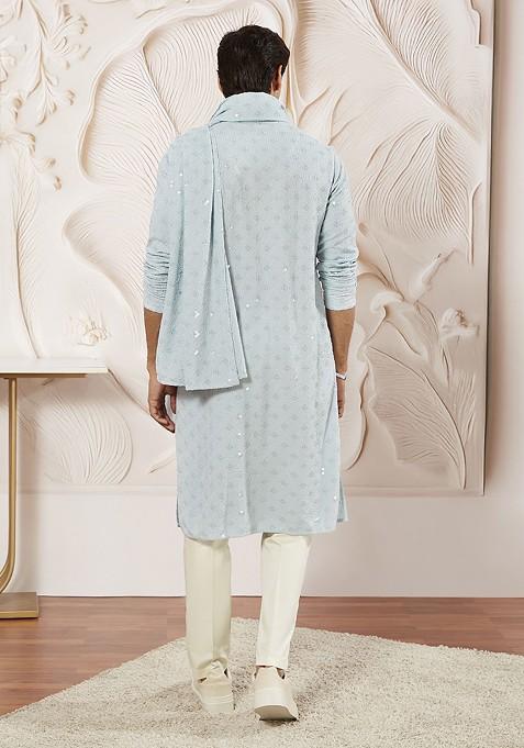 Blue Embroidered Poly Blend Kurta Set For Men