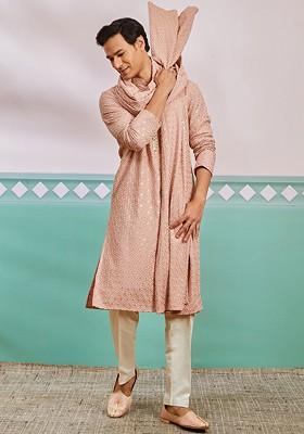 Peach Ethnic Motifs Poly Blend Kurta Set For Men