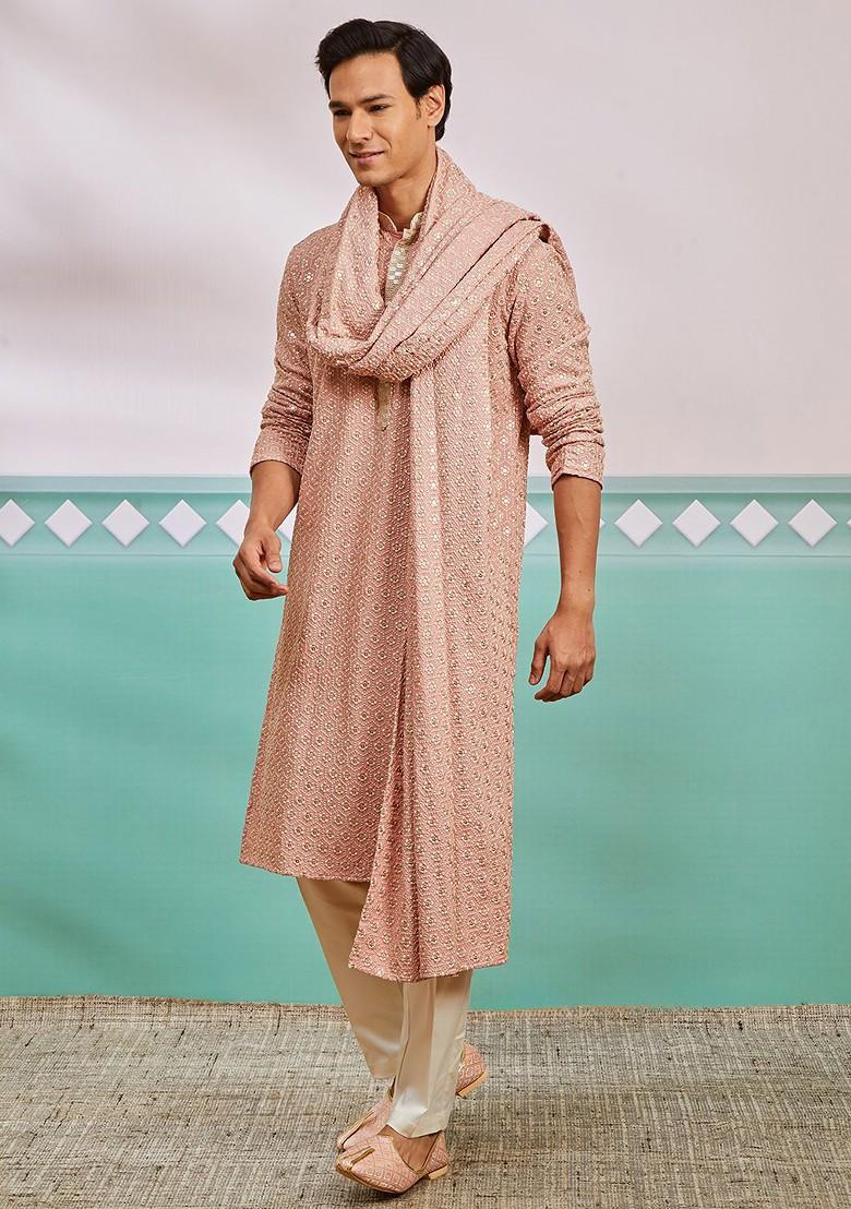 Peach Ethnic Motifs Poly Blend Kurta Set For Men