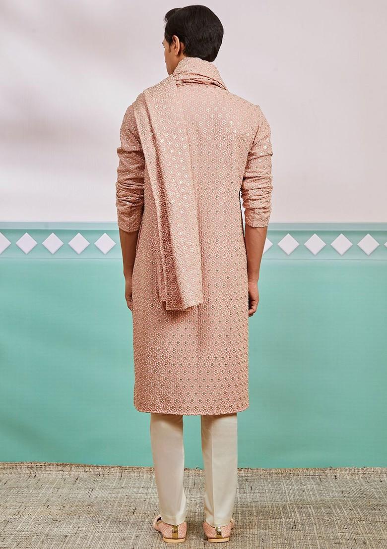 Peach Ethnic Motifs Poly Blend Kurta Set For Men