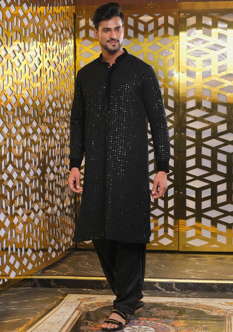 Black Embroidered Poly Blend Kurta Set For Men
