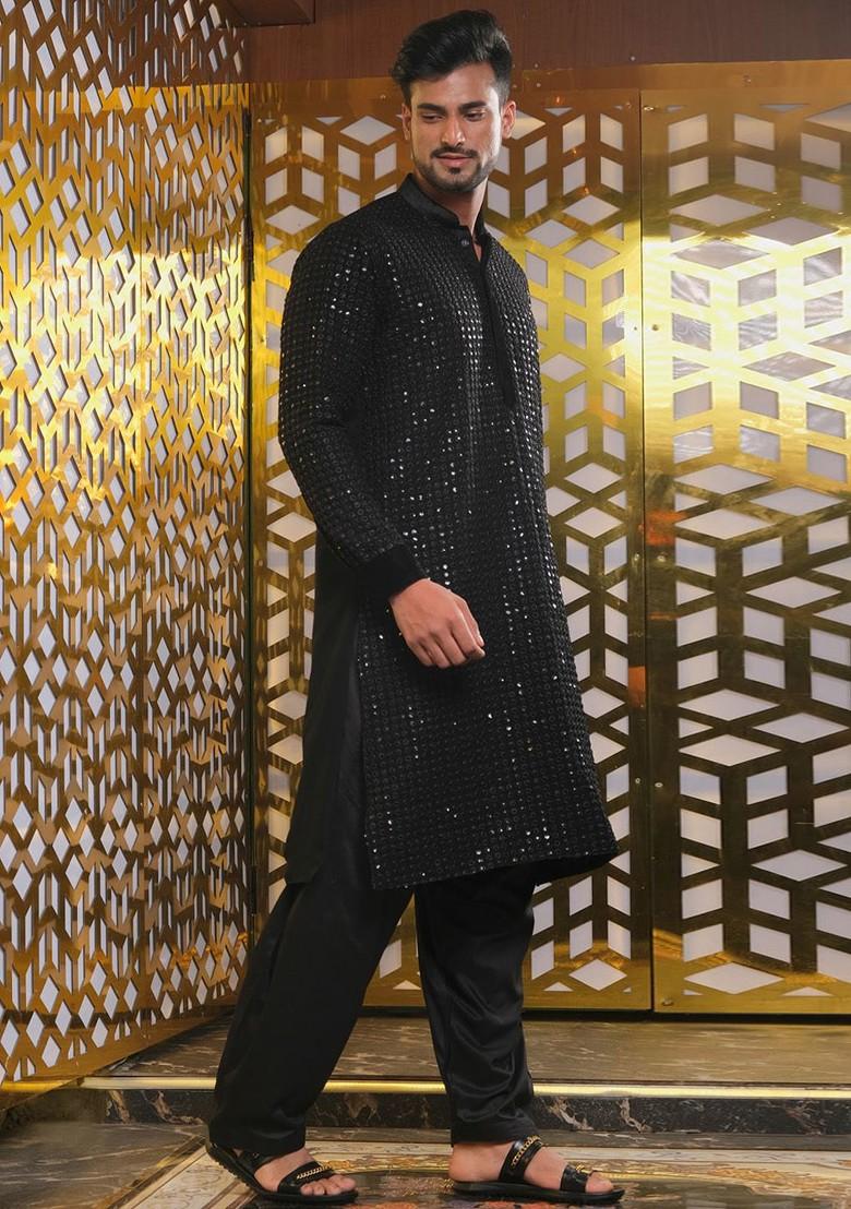 Black Embroidered Poly Blend Kurta Set For Men