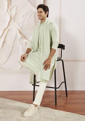 Green Embroidered Poly Blend Kurta Set For Men