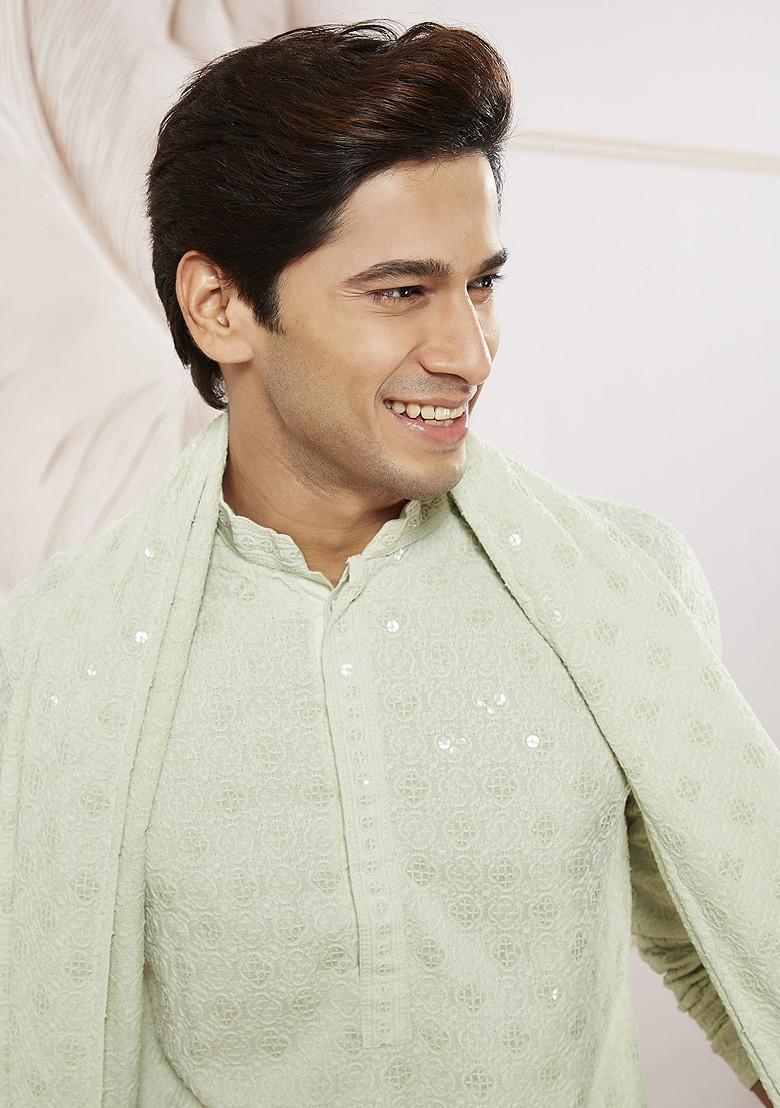 Green Embroidered Poly Blend Kurta Set For Men