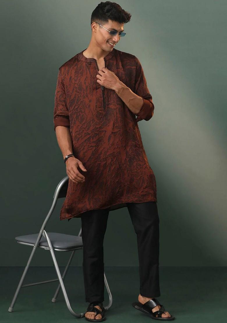 Coffee Brown Printed Poly Blend Kurta Set For Men