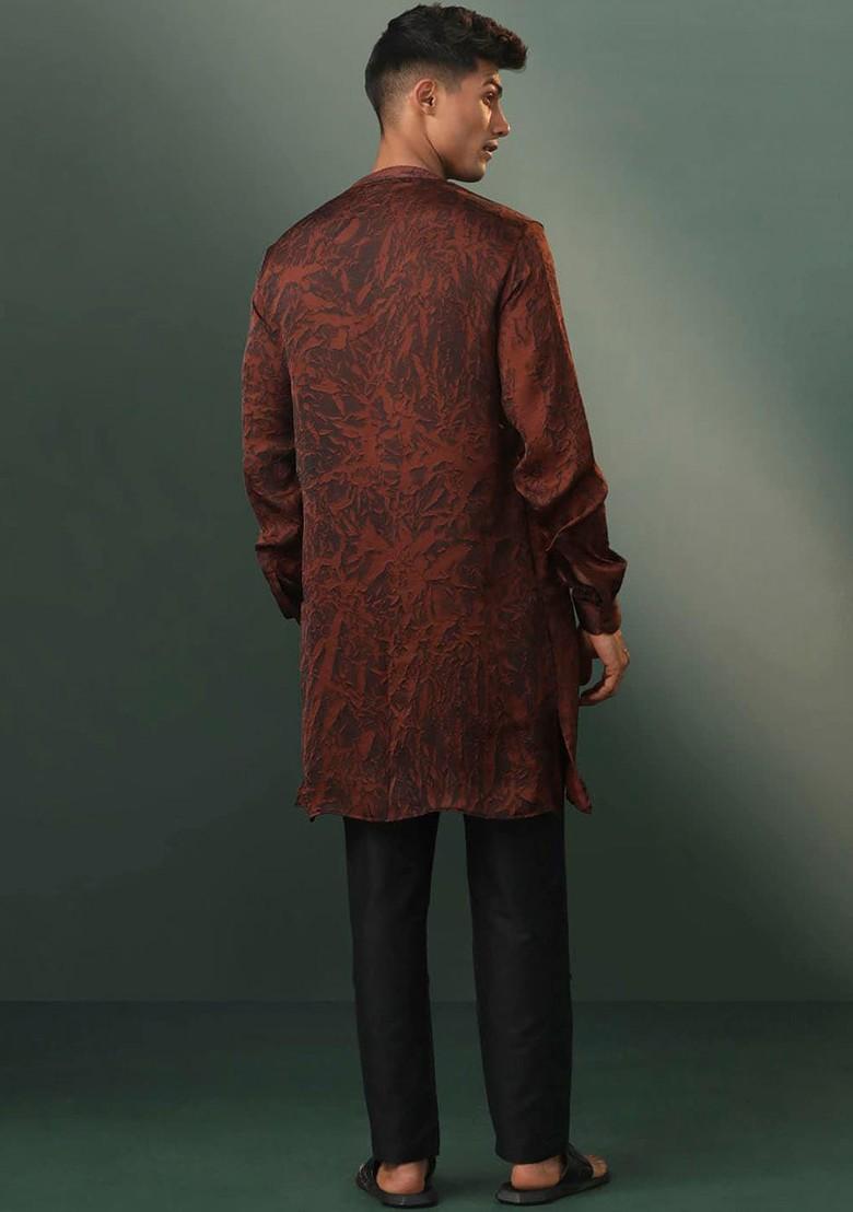 Coffee Brown Printed Poly Blend Kurta Set For Men