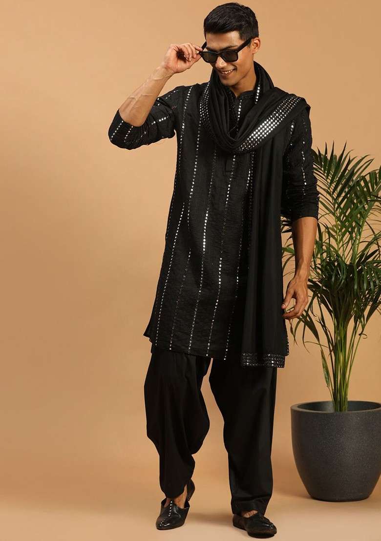 Black Ethnic Motifs Poly Blend Kurta Set For Men - Indya
