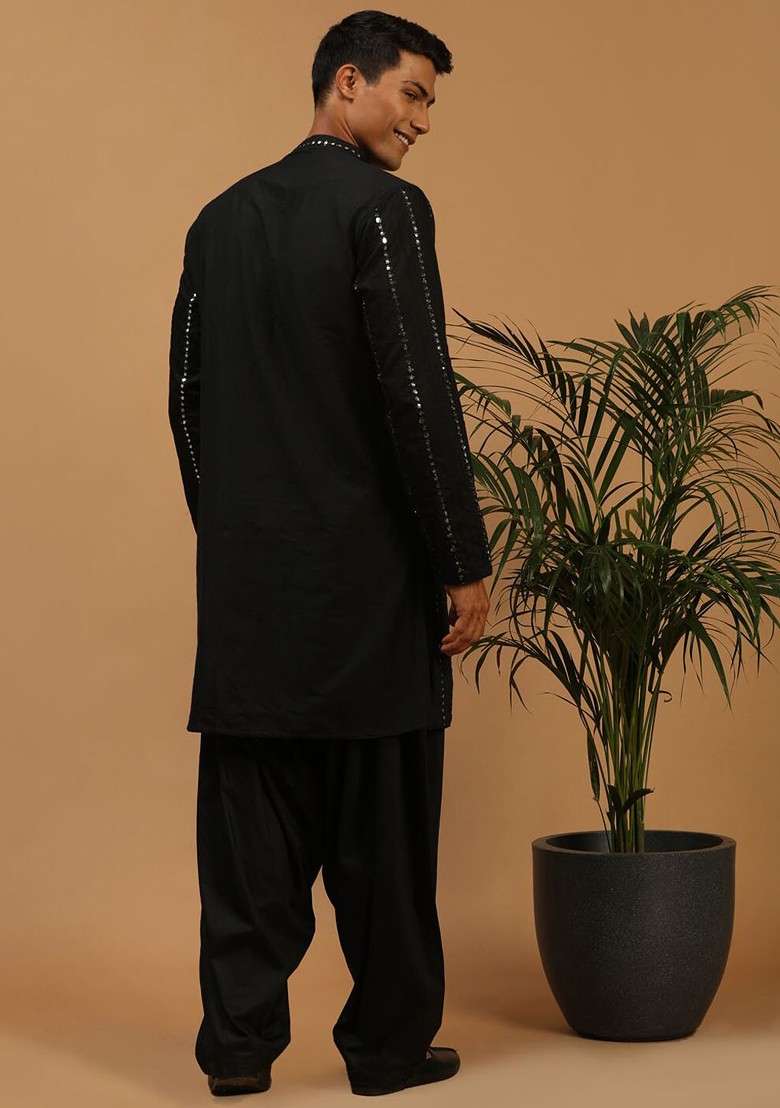 Black Ethnic Motifs Poly Blend Kurta Set For Men - Indya