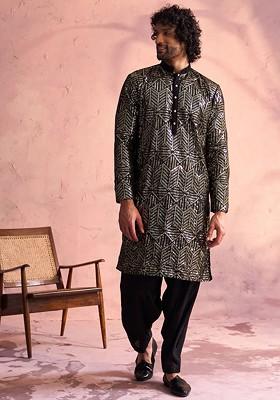 Black Ethnic Motifs Georgette Kurta Set For Men
