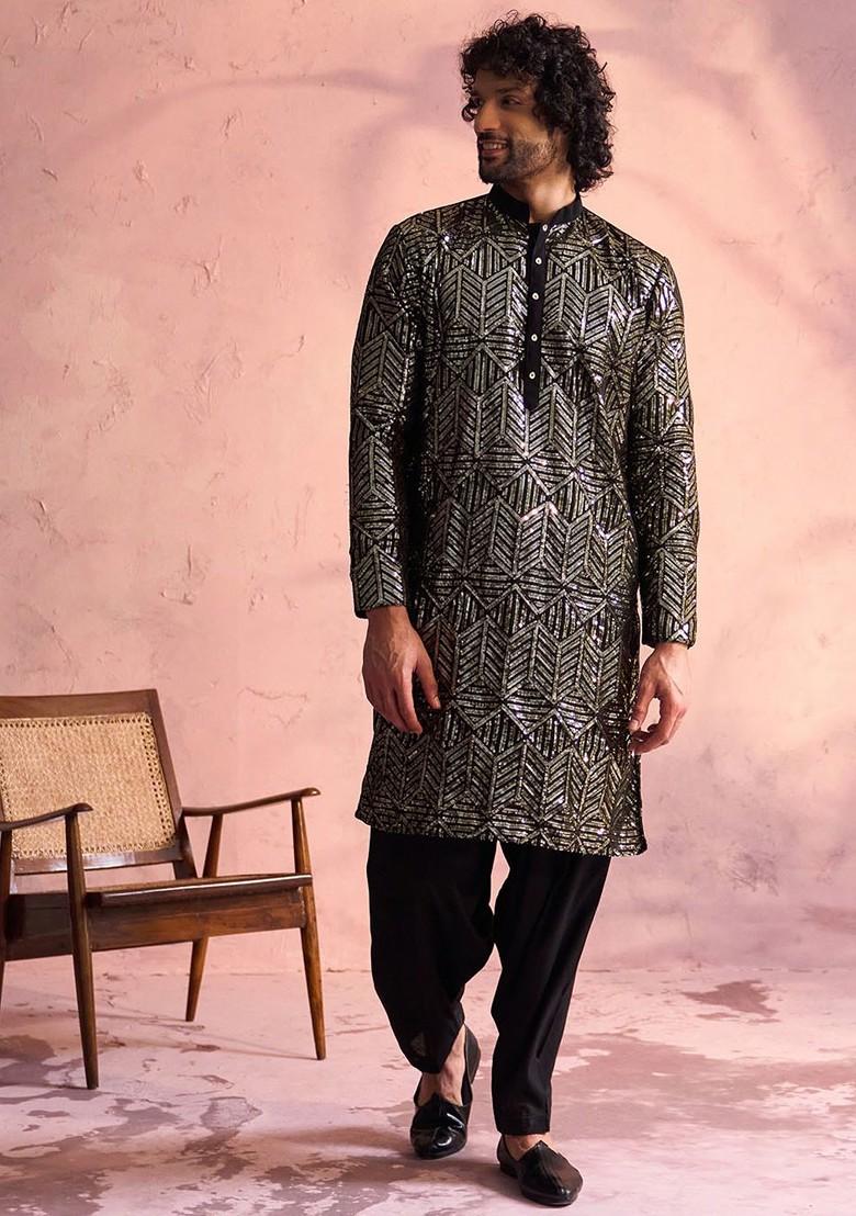 Black Ethnic Motifs Georgette Kurta Set For Men