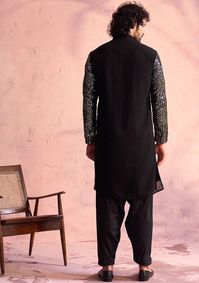 Black Ethnic Motifs Georgette Kurta Set For Men